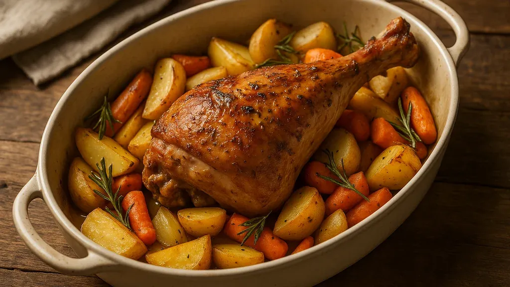 Cuisse de dinde au four rôtie avec pommes de terre et carottes, peau dorée et chair moelleuse