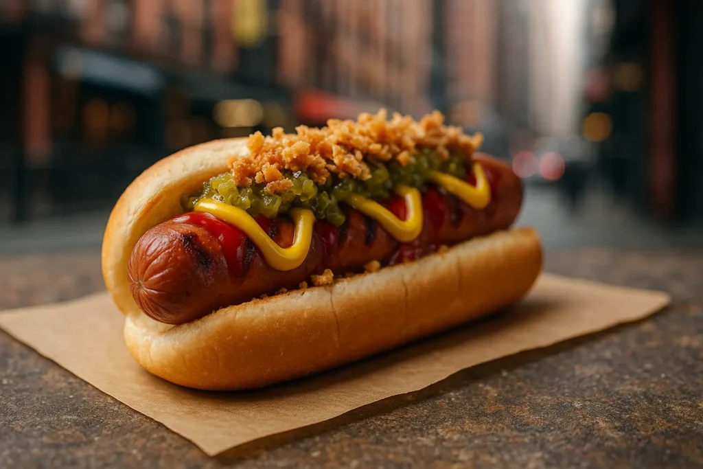 Hot dog américain classique avec saucisse grillée, moutarde, ketchup, relish et oignons croustillants dans un pain moelleux en décor de rue new-yorkaise