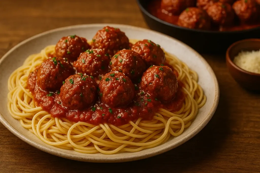 Assiette de spaghetti garnis de boulettes de viande en sauce tomate, parsemées de parmesan et persil, plat convivial de boulettes de viande maison