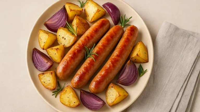 Chipolatas rôties servies avec pommes de terre dorées et oignons rouges au four, plat simple et familial