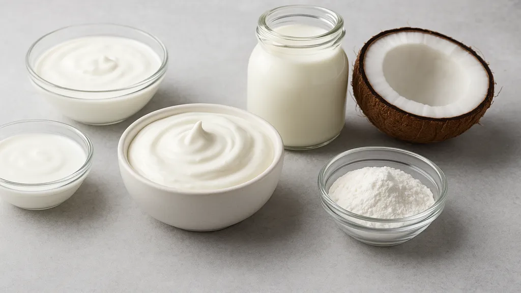 Ingrédients alternatifs à la crème fraîche posés sur un plan de travail : yaourt, lait, crème végétale et noix de coco pour illustrer les substituts en cuisine