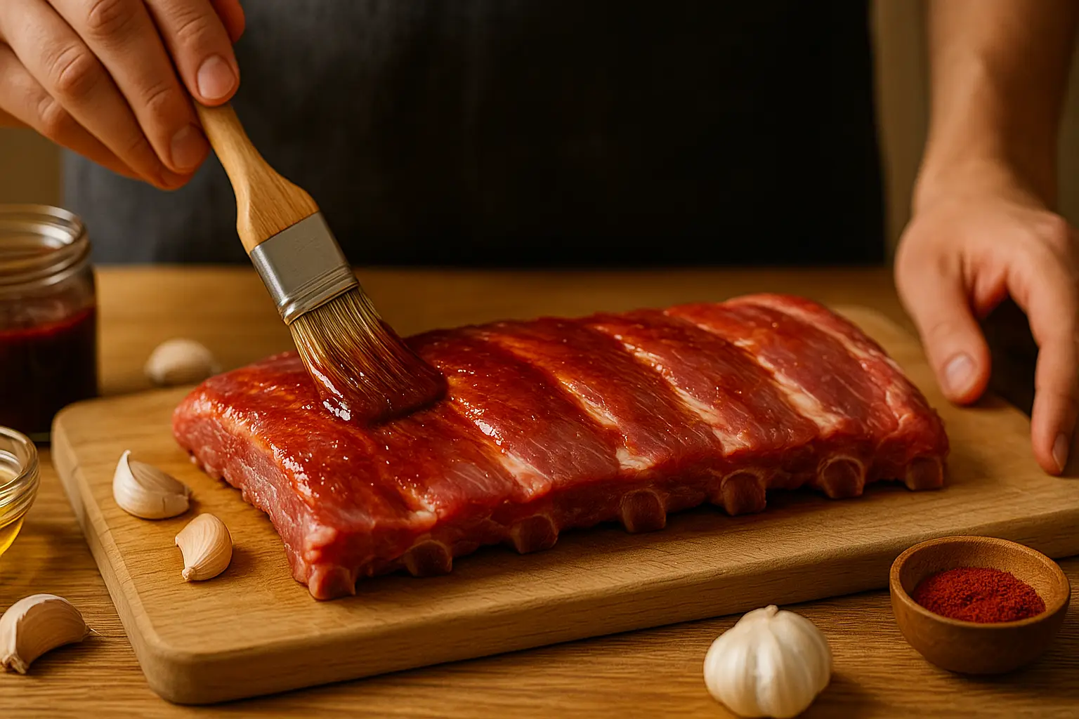 Préparation de ribs de porc crus badigeonnés de marinade barbecue au miel et soja sur planche en bois