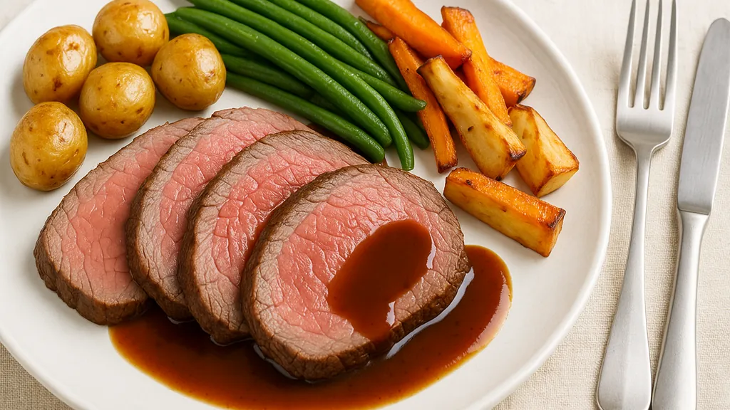 Assiette de rôti de bœuf tranché avec pommes de terre grenaille, haricots verts et légumes rôtis, nappés de jus de viande
