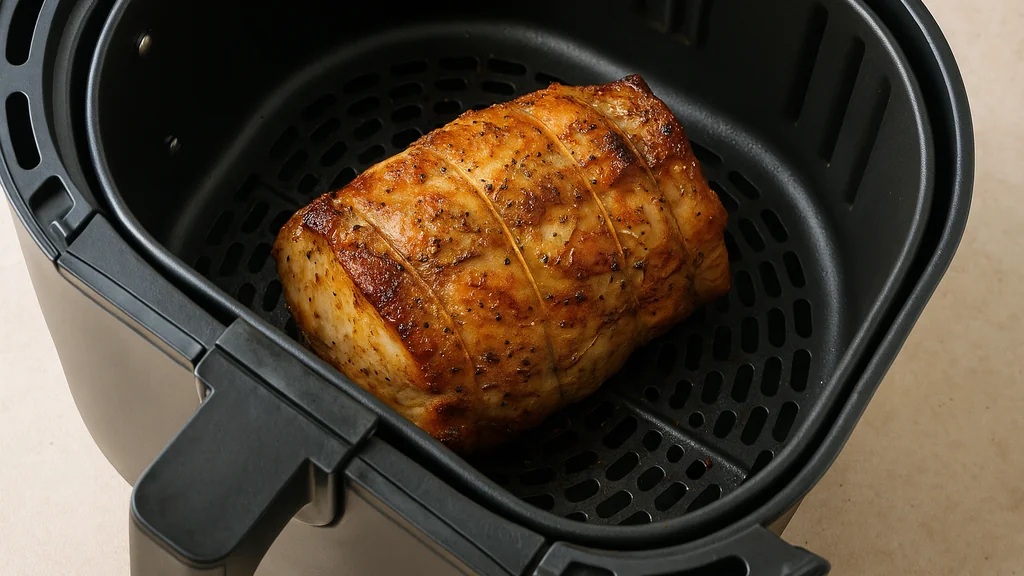 Rôti de porc doré dans un panier d’Air Fryer, cuisson homogène avec croûte caramélisée
