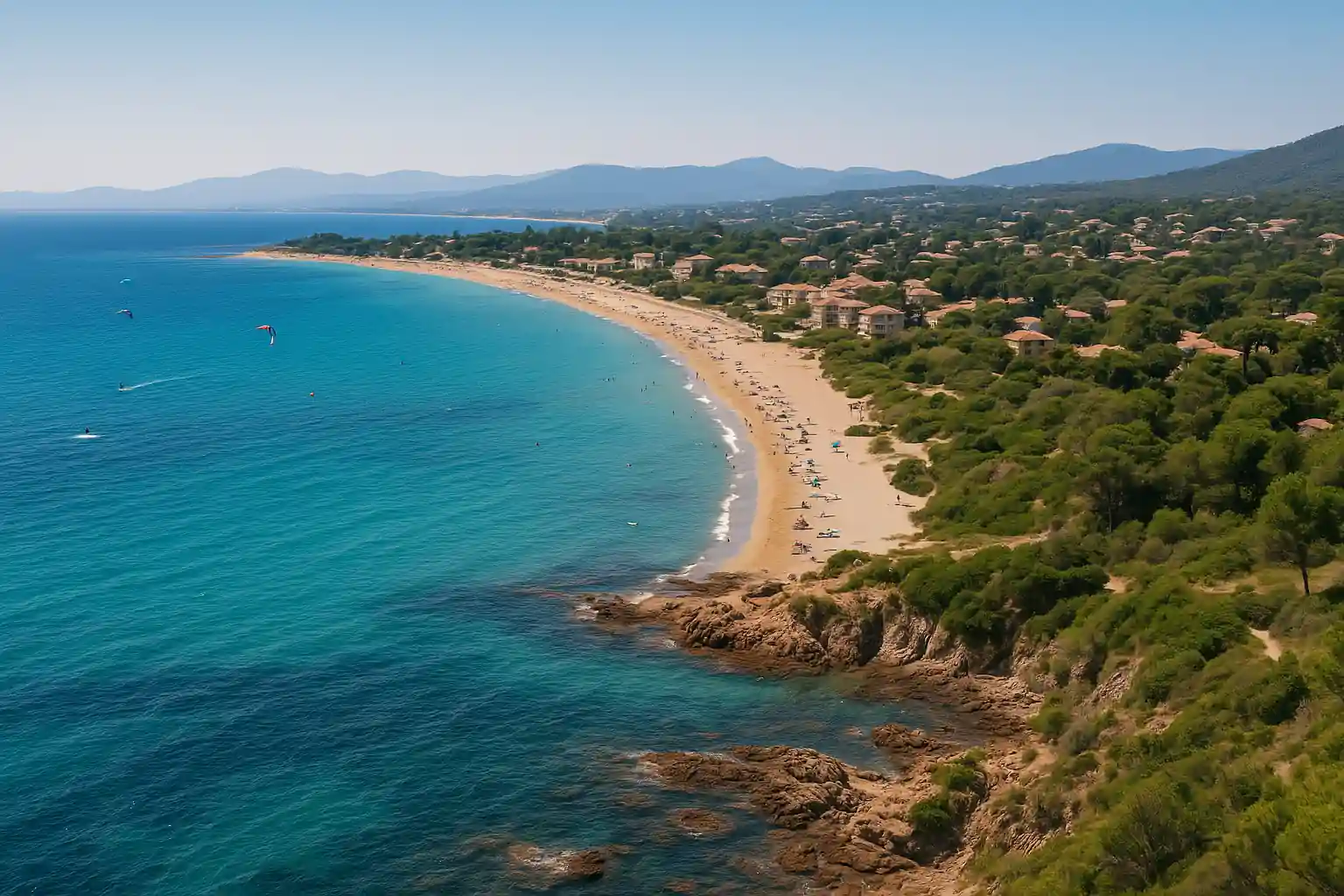 Saint-Aygulf plage : quelles sont les plus belles plages du quartier ? 1 Vue aérienne des plages de Saint-Aygulf à Fréjus, longue bande de sable fin bordée par la mer turquoise et la végétation méditerranéenne sur la Côte d’Azur.
