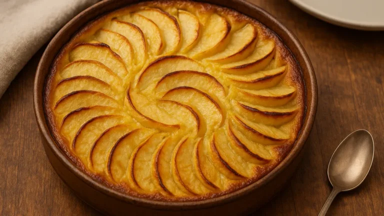 Tarte aux pommes sans pâte dorée au four, pommes finement tranchées disposées en rosace sur un appareil fondant type flan