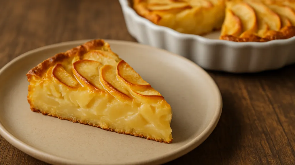 Part de tarte aux pommes sans pâte à la texture fondante, servie dans une assiette avec la tarte entière floutée en arrière-plan