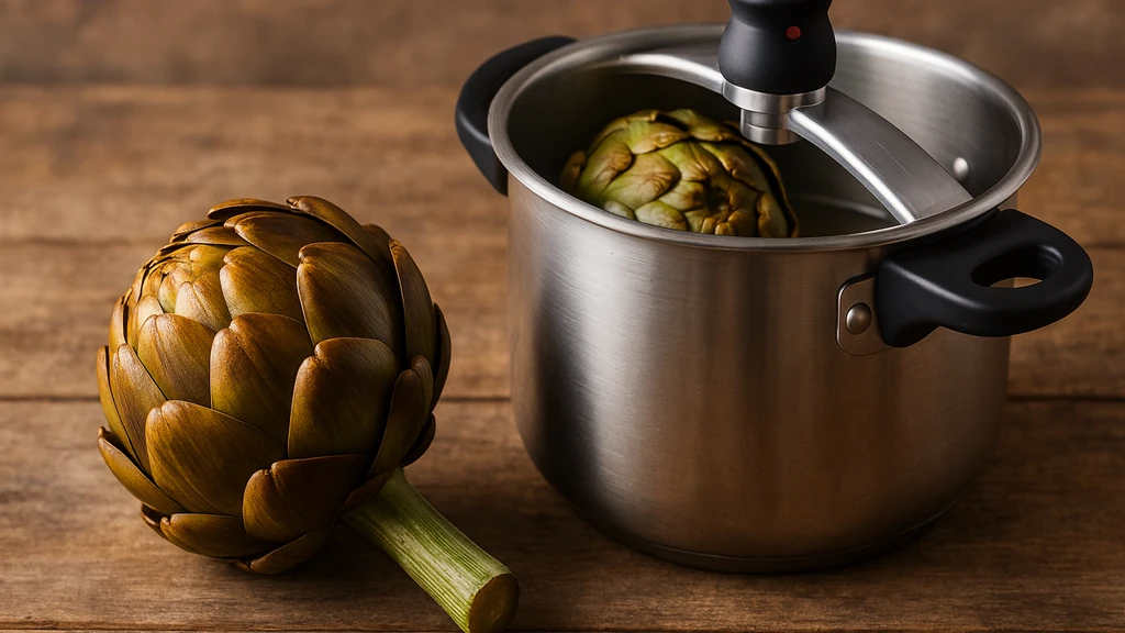 Artichaut frais posé à côté d’une cocotte-minute en inox, prêt pour une cuisson vapeur rapide