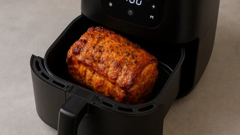 Air Fryer ouvert avec un rôti de porc doré à l’intérieur, cuisson croustillante et juteuse
