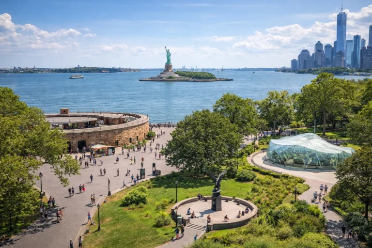 Vue panoramique de Battery Park à Manhattan avec Castle Clinton, le SeaGlass Carousel et la Statue de la Liberté dans le port de New York