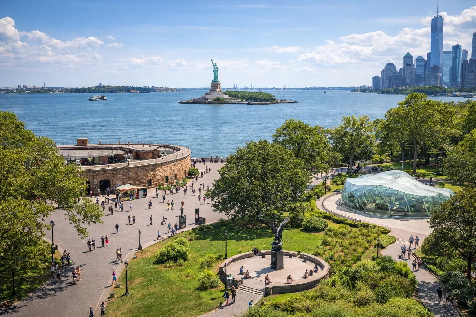 Vue panoramique de Battery Park à Manhattan avec Castle Clinton, le SeaGlass Carousel et la Statue de la Liberté dans le port de New York