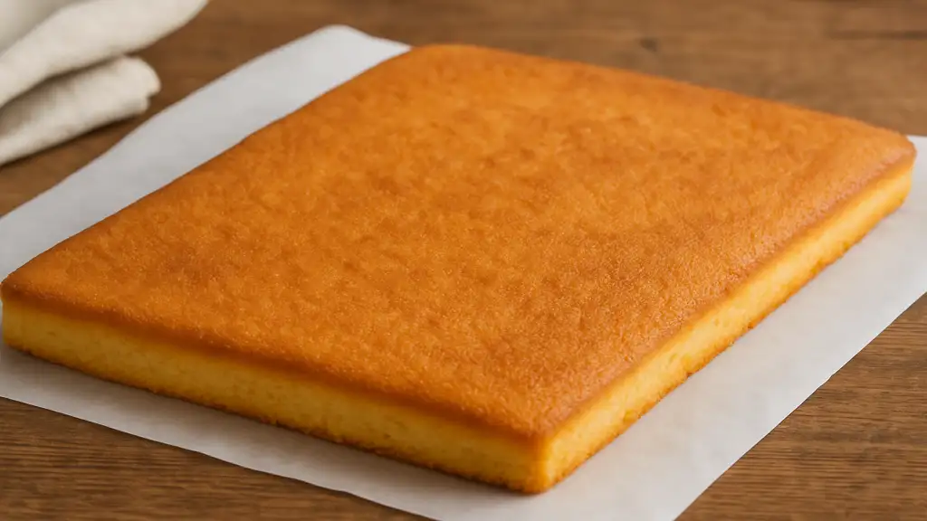 Biscuit madeleine moelleux et doré, cuit en plaque rectangulaire sur papier sulfurisé, prêt à être utilisé comme base d’entremets ou bûches.