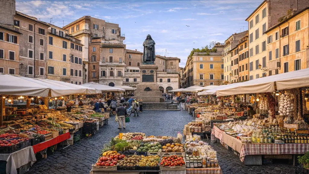 Campo de' Fiori à Rome : guide complet du marché historique et de la place 1 Marché de Campo de’ Fiori à Rome avec ses étals colorés entourant la statue de Giordano Bruno au cœur du centre historique