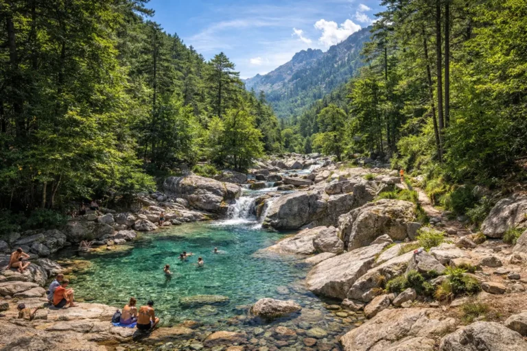 Cascades des Anglais à Vizzavona en Corse, vasques naturelles d’eau turquoise au cœur de la forêt avec rochers granitiques et sentier du GR20