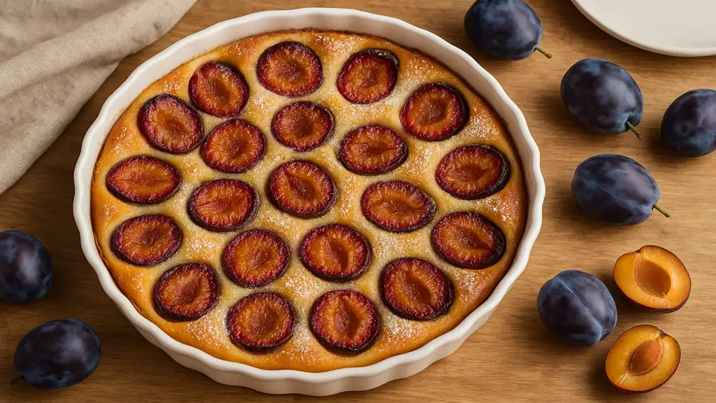 Clafoutis aux prunes traditionnel, doré au four avec prunes fraîches coupées en deux, dessert maison moelleux