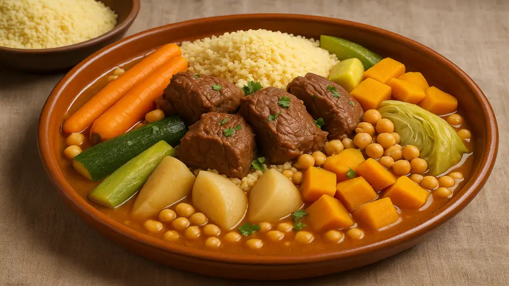 Couscous au bœuf traditionnel avec semoule légère, légumes fondants et bouillon parfumé aux épices