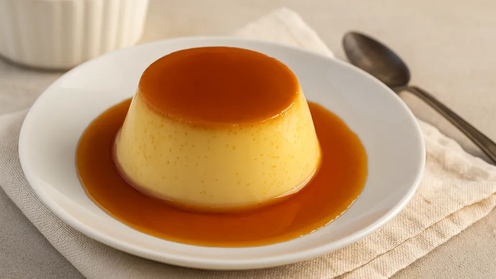 Crème caramel maison renversée sur assiette blanche, nappée de caramel ambré, dessert traditionnel à la texture fondante