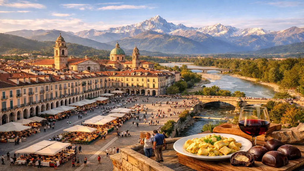 Vue panoramique de la Piazza Galimberti à Cuneo, avec ses arcades historiques, l’animation du centre-ville et les Alpes piémontaises en arrière-plan