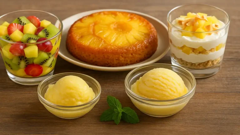 Assortiment de desserts à l’ananas comprenant salade de fruits, sorbet, gâteau renversé et verrine crémeuse, présenté sur une table en bois dans un style réaliste et gourmand.