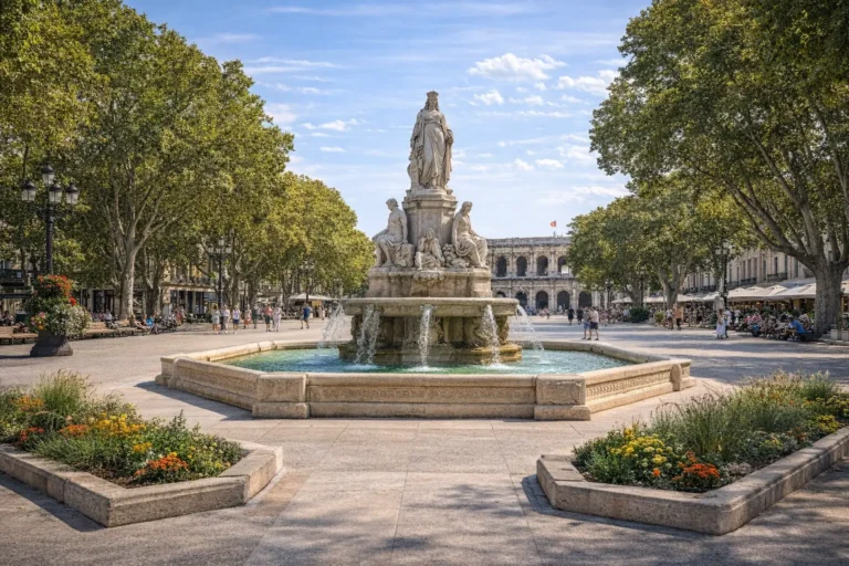 Esplanade Charles-de-Gaulle à Nîmes avec la fontaine Pradier, allées ombragées de platanes et vue vers les arènes romaines en arrière-plan