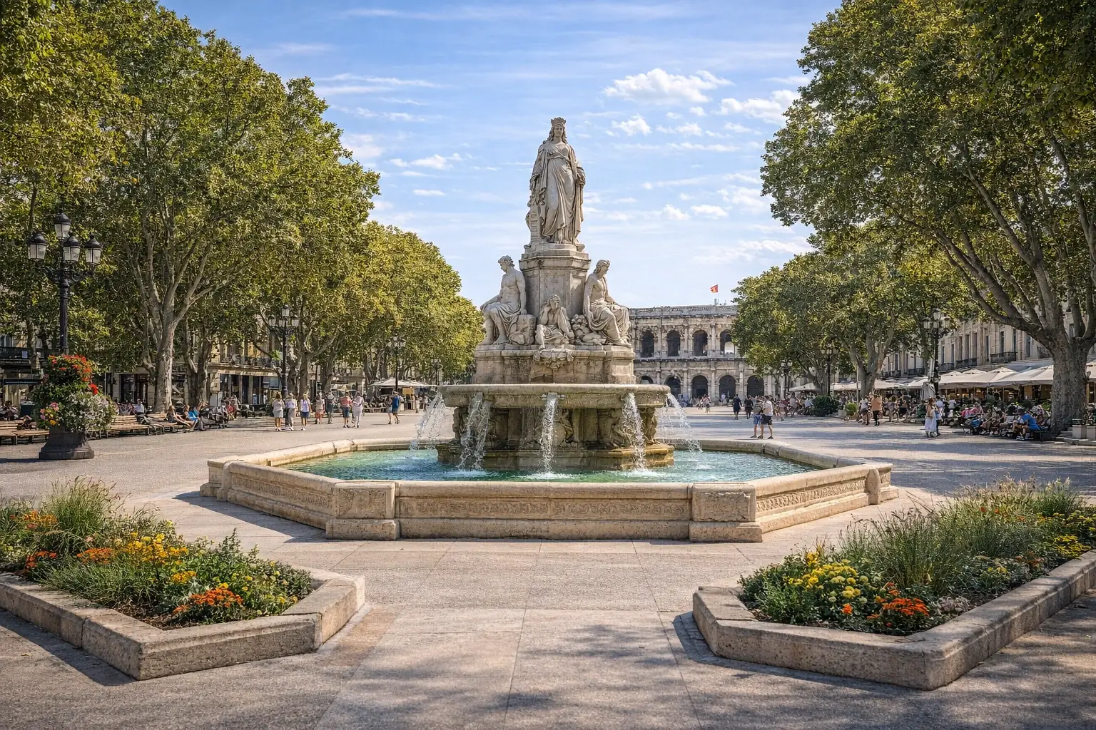 Esplanade Charles-de-Gaulle à Nîmes avec la fontaine Pradier, allées ombragées de platanes et vue vers les arènes romaines en arrière-plan