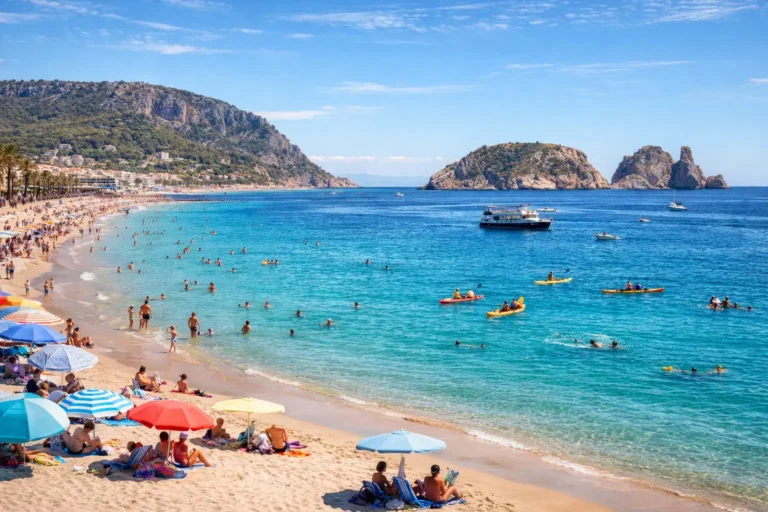 Vue panoramique de L’Estartit sur la Costa Brava avec la Platja Gran, la mer Méditerranée turquoise et les îles Medes en arrière-plan