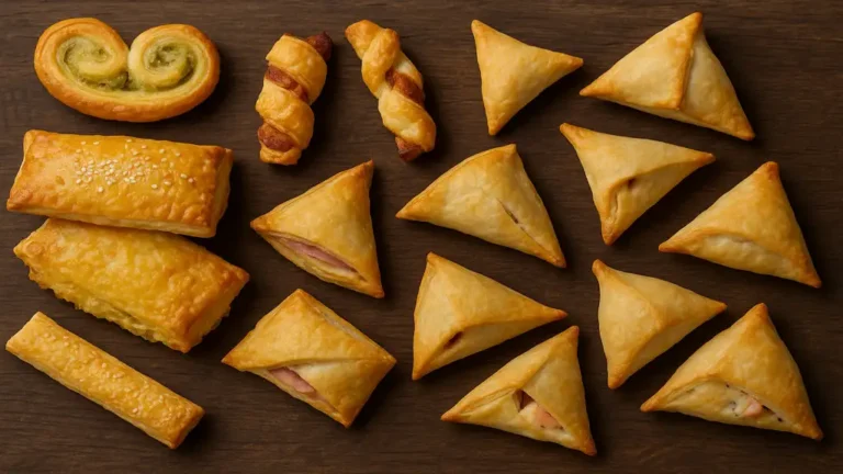 Assortiment de feuilletés apéritifs dorés et croustillants, disposés sur une table en bois, comprenant palmiers salés, triangles fourrés et torsades feuilletées.