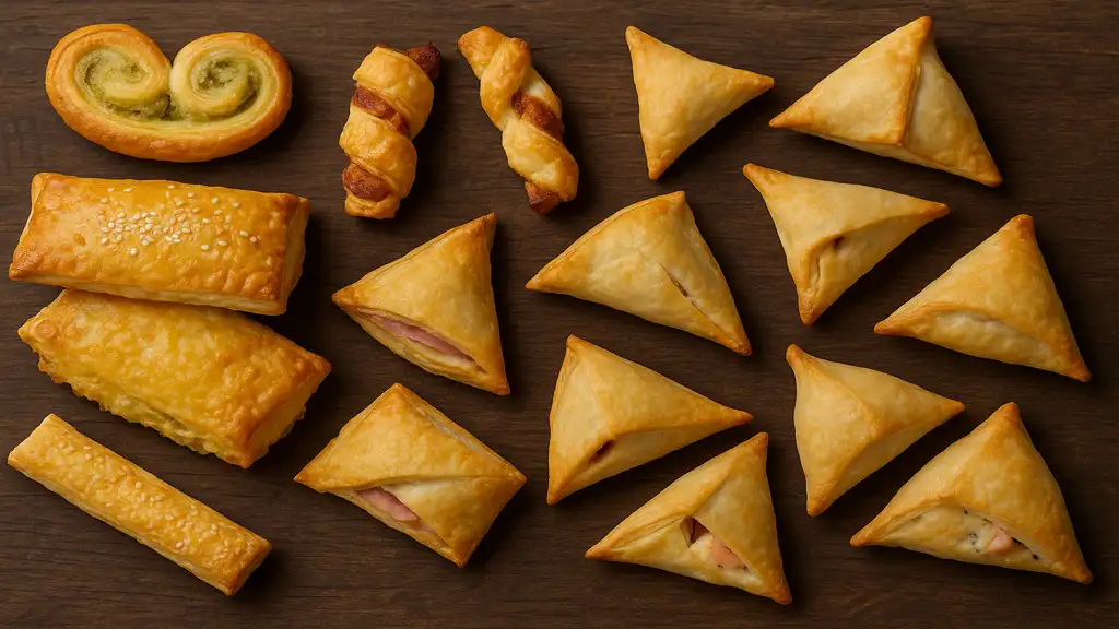 Assortiment de feuilletés apéritifs dorés et croustillants, disposés sur une table en bois, comprenant palmiers salés, triangles fourrés et torsades feuilletées.