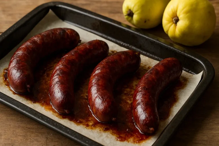 Figatellis corses cuits au four sur une plaque, peau dorée et brillante avec jus de cuisson.