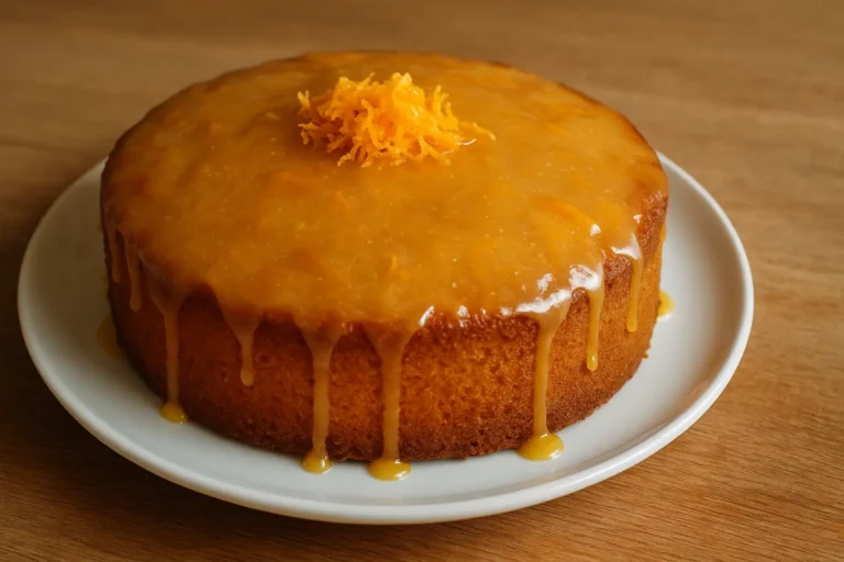 Gâteau à l’orange moelleux nappé d’un glaçage brillant et décoré de zestes d’orange sur une assiette blanche, éclairé en lumière naturelle.