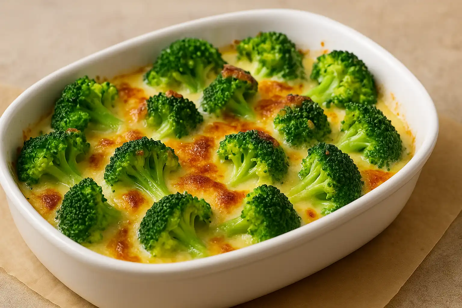Gratin de brocolis sans béchamel dans un plat blanc, brocolis fondants et surface dorée au four.