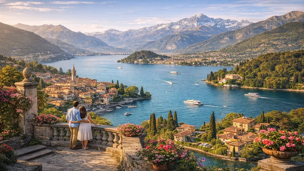 Vue panoramique du lac de Côme en Lombardie, avec le village de Varenna, les eaux turquoise du Lago di Como et les montagnes alpines en arrière-plan