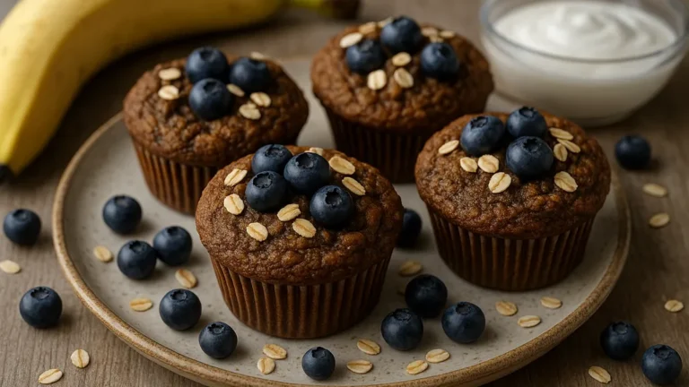 Muffins healthy à la banane et myrtilles posés sur une assiette rustique avec flocons d’avoine, ambiance naturelle et réaliste