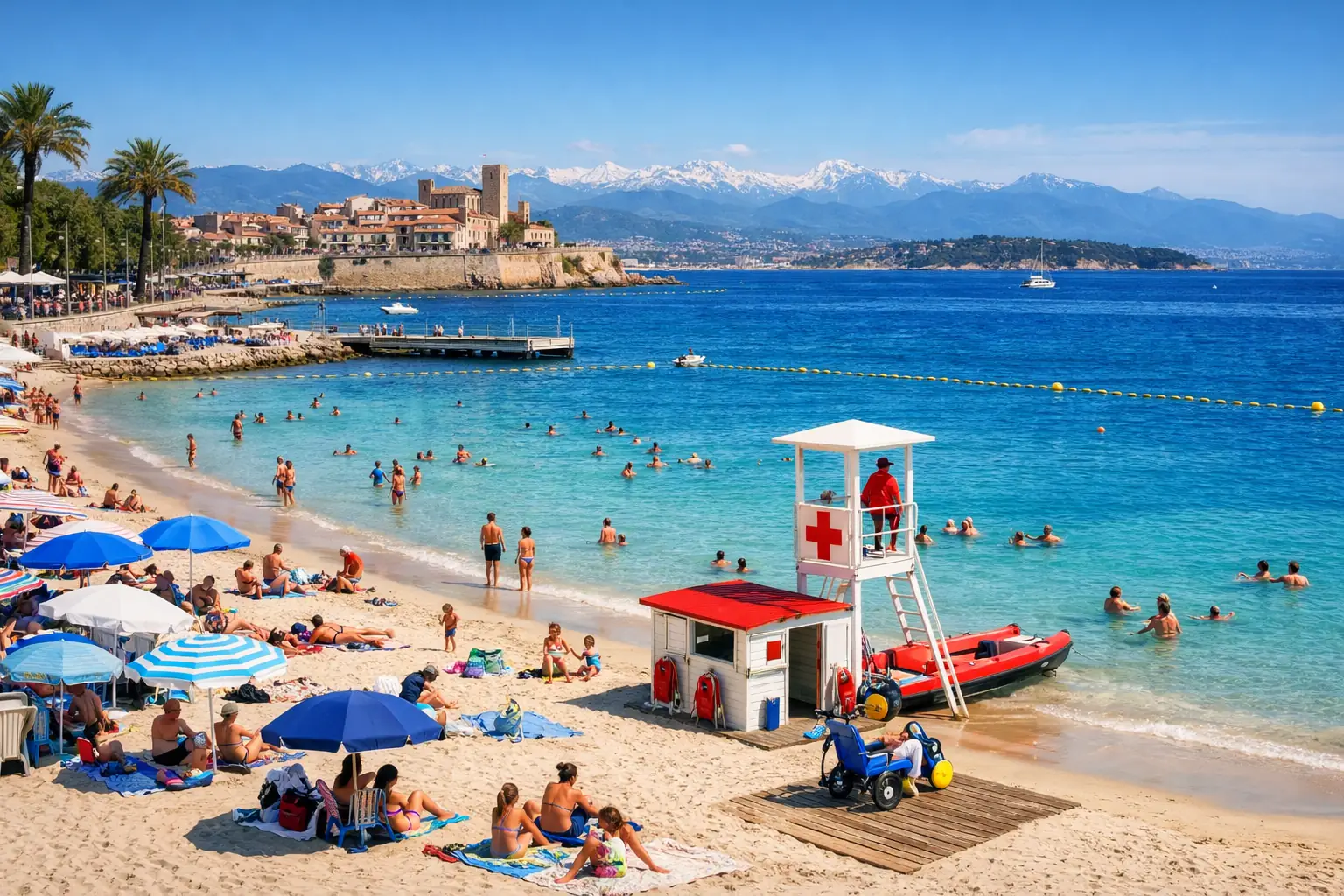 Vue panoramique de la plage de la Salis à Antibes, plage de sable fin familiale avec baignade surveillée, mer Méditerranée turquoise et Cap d’Antibes en arrière-plan