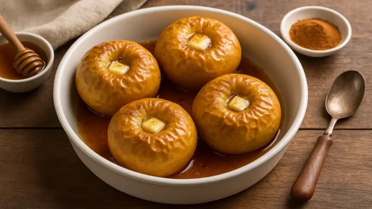 Pommes au four au miel dorées et fondantes dans un plat, nappées de jus caramélisé, présentées de manière réaliste sur une table en bois.
