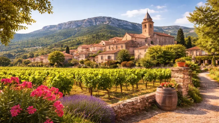 Village provençal de Pourcieux dans le Var, entouré de vignobles au pied du mont Aurélien en Provence Verte