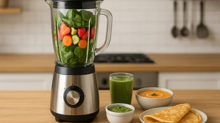 Blender rempli de fruits et légumes avec smoothie vert, soupe, pesto et crêpes préparés maison sur un plan de travail