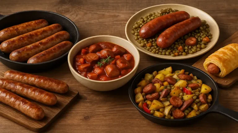 Assortiment de saucisses grillées et poêlées avec légumes rustiques, illustrant différentes recettes faciles à base de saucisses.