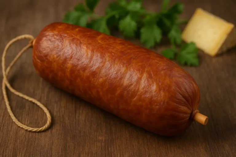 Saucisse de Morteau fumée avec son clou de bois, posée sur une planche en bois avec herbes fraîches.