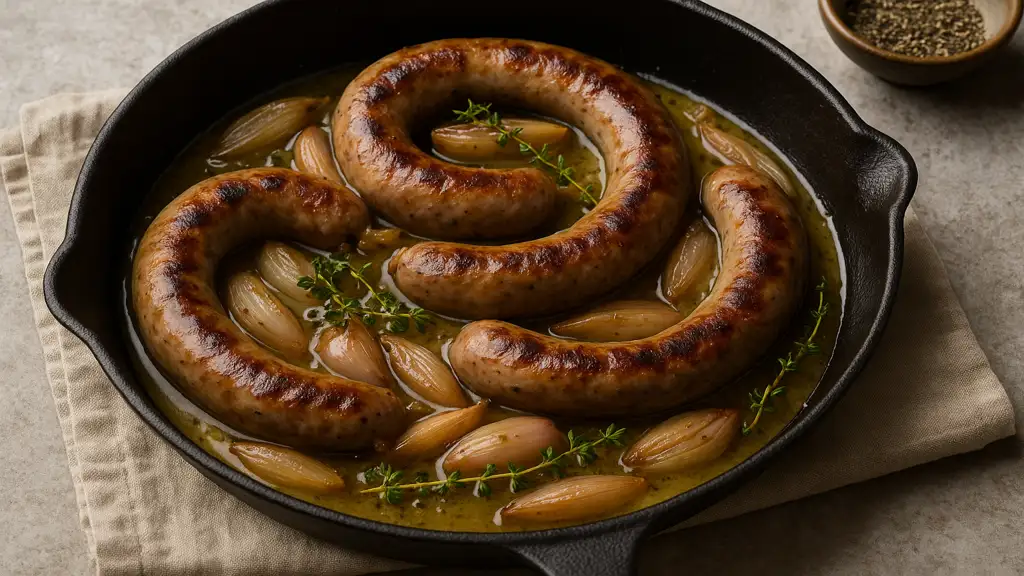 Recette avec saucisse de Toulouse : idées faciles et savoureuses 1 Saucisse de Toulouse mijotée avec échalotes et thym dans une poêle en fonte, plat traditionnel du Sud-Ouest