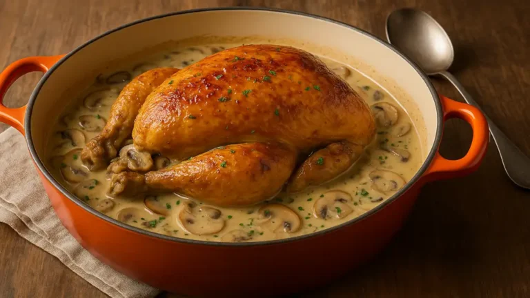 Chapon mijoté en cocotte avec sauce crémeuse aux champignons, présenté dans une cocotte en fonte sur table en bois, rendu réaliste et chaleureux.