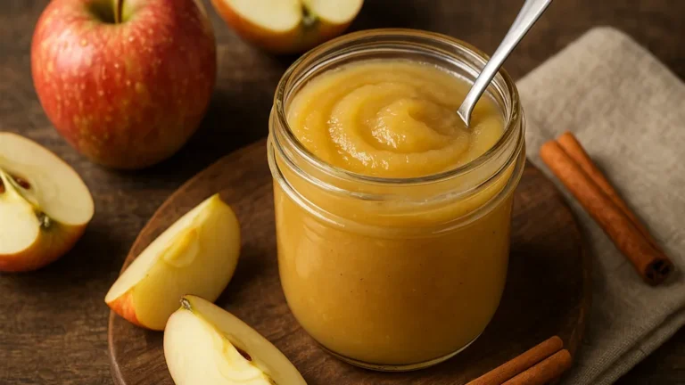 Pot de compote de pomme maison sans sucre posé sur une planche rustique avec quartiers de pommes et bâtons de cannelle