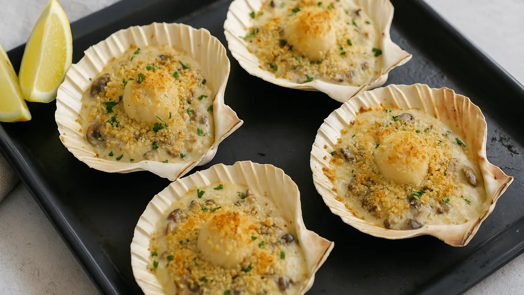 Coquilles Saint-Jacques à la bretonne gratinées avec sauce crémeuse aux champignons, servies dans des coquilles naturelles