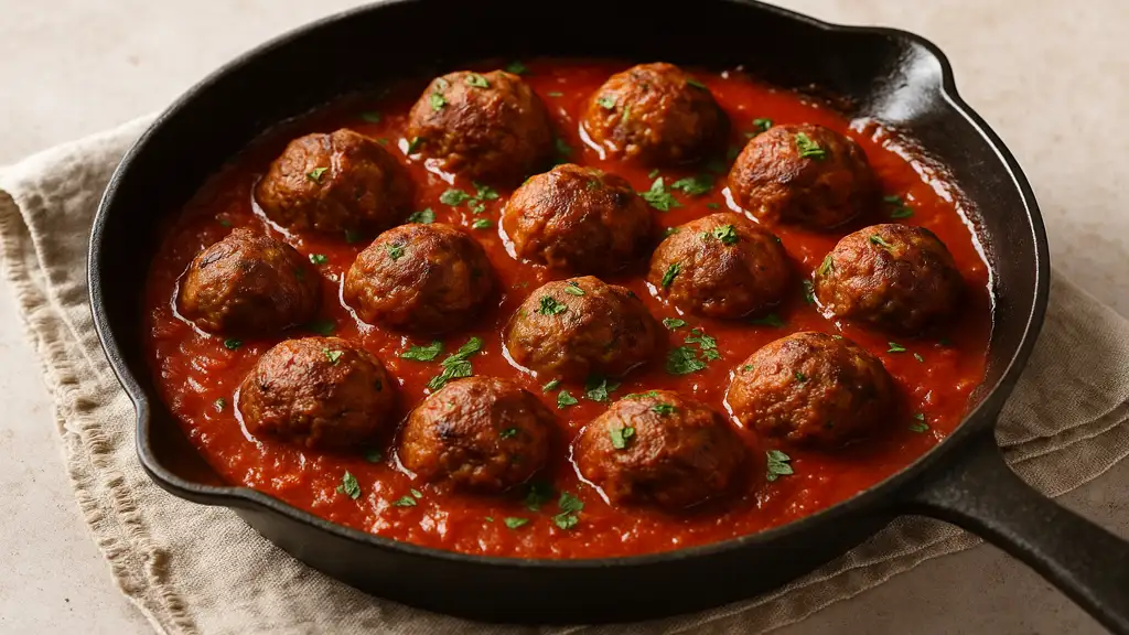 Recette de boulette de boeuf haché avec sauce tomate maison 1 Boulettes de bœuf mijotées dans une sauce tomate maison, servies en poêle en fonte avec persil frais