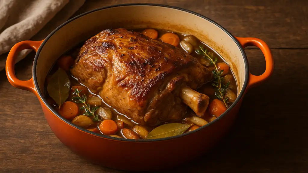 Échine de porc confite en cocotte, viande fondante avec légumes et herbes mijotés dans un jus parfumé, présentée de manière réaliste dans une cocotte en fonte.