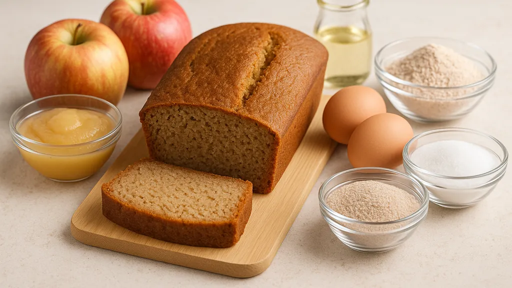 Gâteau sans sucre moelleux pour diabétiques, réalisé avec compote de pommes et farine complète, présenté sur une planche de cuisine