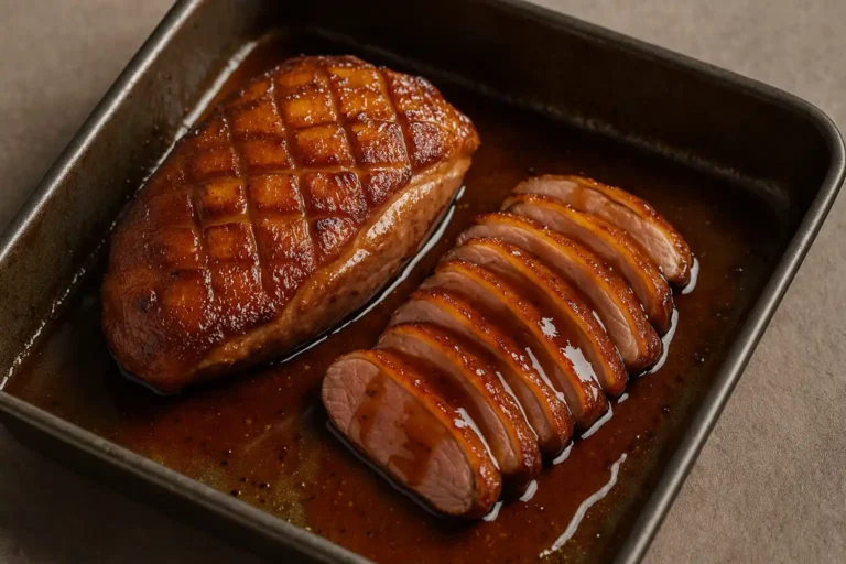 Magret de canard rôti au four avec peau quadrillée croustillante et tranches nappées de sauce.