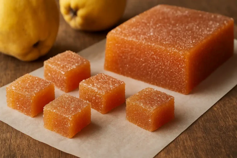 Pâte de coing maison coupée en cubes et saupoudrée de sucre, avec des coings frais en arrière-plan.