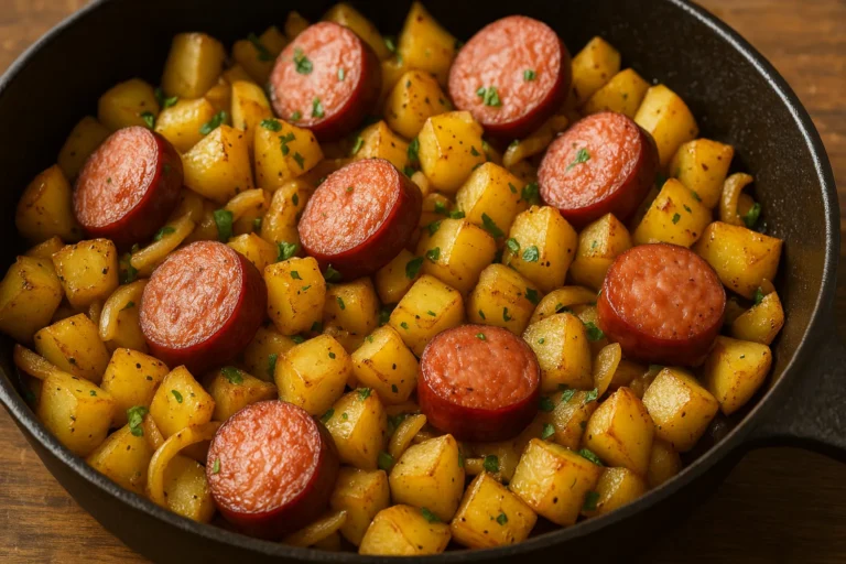 Poêlée campagnarde de saucisse fumée et pommes de terre dorées dans une poêle en fonte, plat rustique et réconfortant.