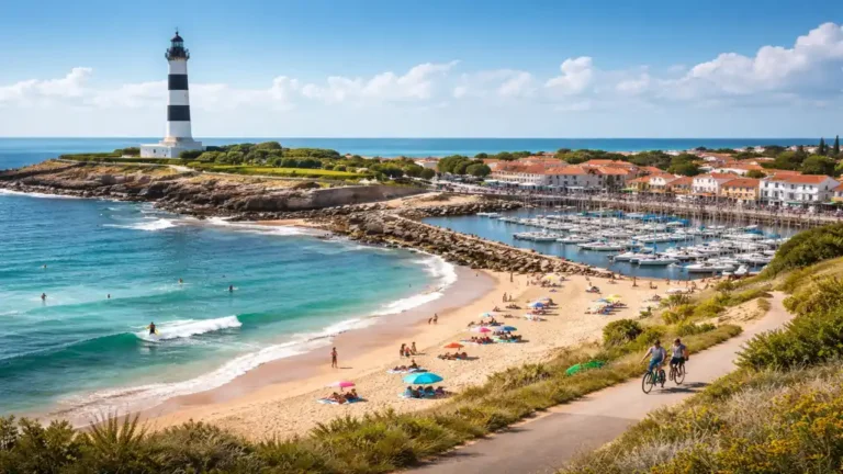 Vue panoramique de Saint-Denis-d’Oléron avec le phare de Chassiron, le port de plaisance et la plage sur la pointe nord de l’île d’Oléron